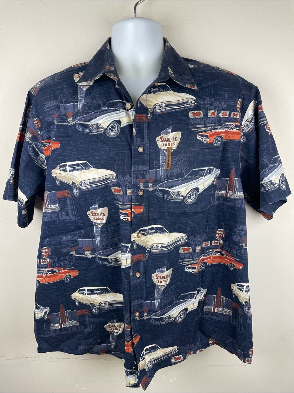 Clearwater Vintage-Inspired Navy Short Sleeve Button-Up Shirt with Car Print